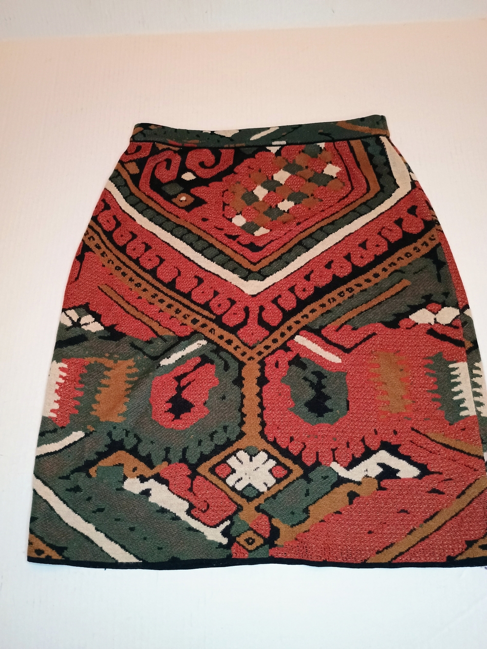 PERUVIAN CONNECTION PIMA Cotton bohemian Geo-Print Pencil Skirt in Rust Green S